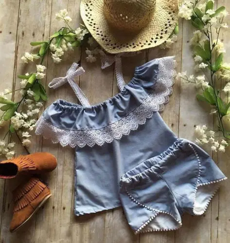 

Toddler Kids Girls Blue Lace Floral T-shirt Tops Shorts Set Clothes