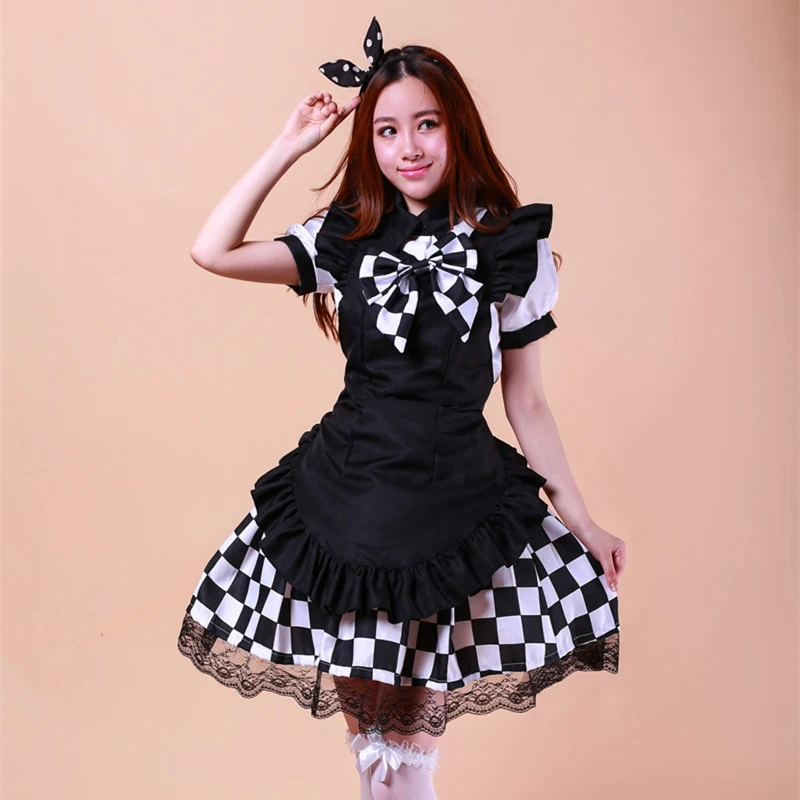high quality Black and white plaid maid costume Halloween maid Cosplay