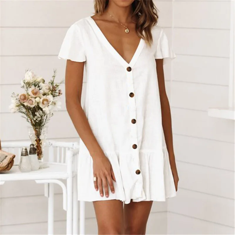 Сексуальное летнее пляжное платье с v-образным вырезом, коротким рукавом и пуговицами спереди, белая хлопковая туника, женский пляжный купальник, накидка N744