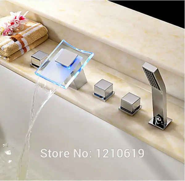 

Newly US Free Shipping 5Pcs Hydropower LED Color Changing Waterfall Bath Tub Faucet W/ Hand Shower Chrome Finish Deck mount