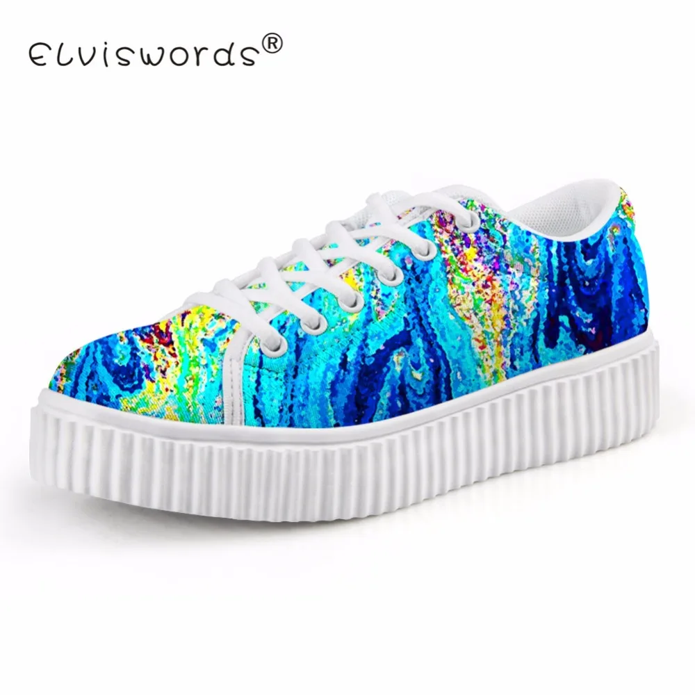 

ELVISWORDS Blue Graffiti Print Women's Flat Shoes Ladies Fashion Flat Platform Shoes for Teenagers Lace-up Casual Zapatos Mujer