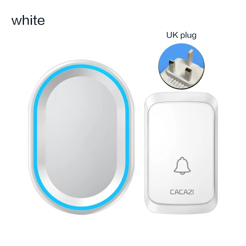 White UK plug СВЕТОДИОДНЫЙ беспроводной дверной звонок для дома, водонепроницаемый, 58 колокольчиков, дистанционный пульт дистанционного управления 300 м, США, ЕС, 1 кнопка батареи, 1 приемник, дверной звонок - Цвет: White UK plug