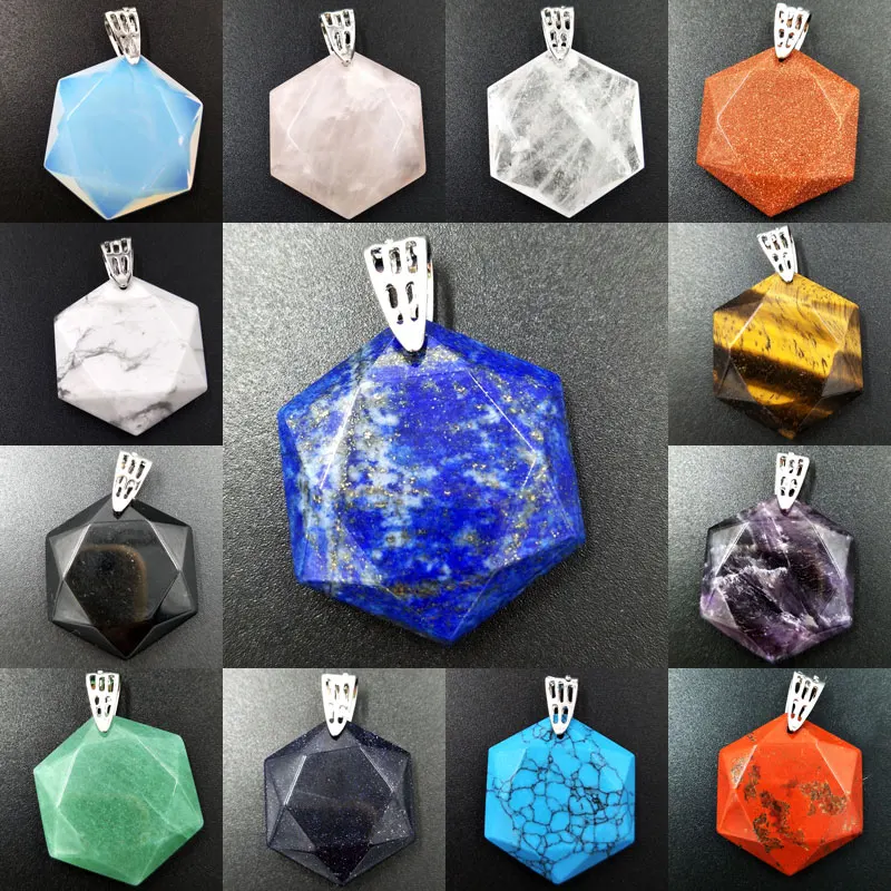 

Crystal Aventurine Tigers Eye Blue Sand Howlite Opal Jaspe Goldstone Lapis Lazuli Hexagon Pendant Bead WFH396