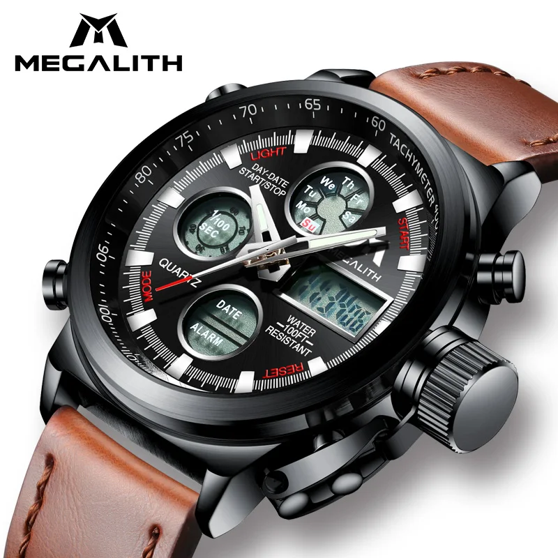 

MEGALITH Watch Men Military Sports Waterproof Wristwatch LED Digital Multifunction Watch Male Clock Brown Genuine Leather Watch