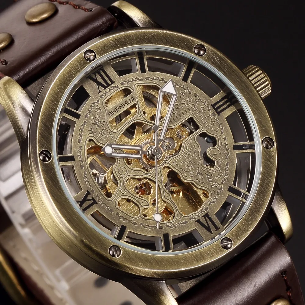 SHENHUA винтажные бронзовые Мужские часы с кожаным ремешком Мужские повседневные автоматические часы Montre Homo механические наручные часы с скелетом