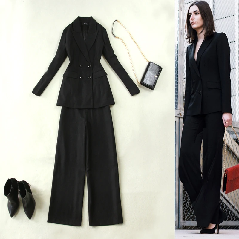 

Women's winter new black herringbone wool thick double-breasted long suit wide-leg pants suit women two piece outfits