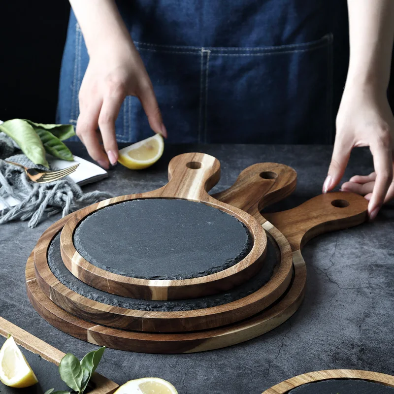 

MUZITY Slate Dinner Plate Round Shape with Wooden Dish Sushi Steak Barbecue Plate Cheese Pizza Flat Fruit Plate