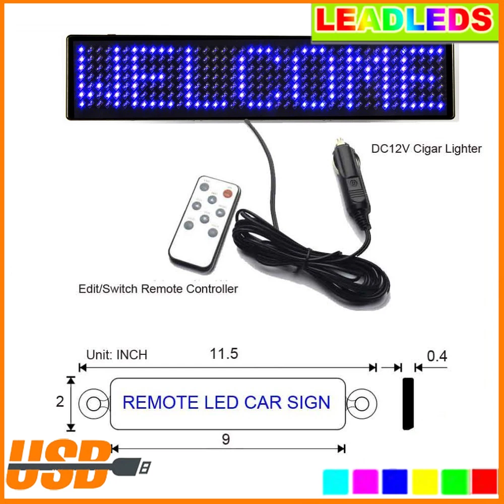 23cm 12v LED Car Sign Remote Control bus Motorcycle English display Board Scrolling Programmable Message Sign blue can drop ship