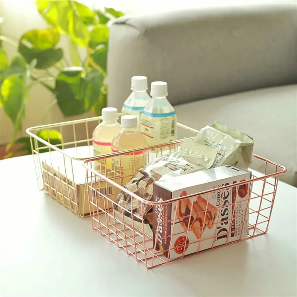 Billig Nordic Stil Rose Gold Metall Draht Lagerung Korb Kosmetische Veranstalter Halter Home Office Schreibtisch Toiletry Sammlung Bad Regal