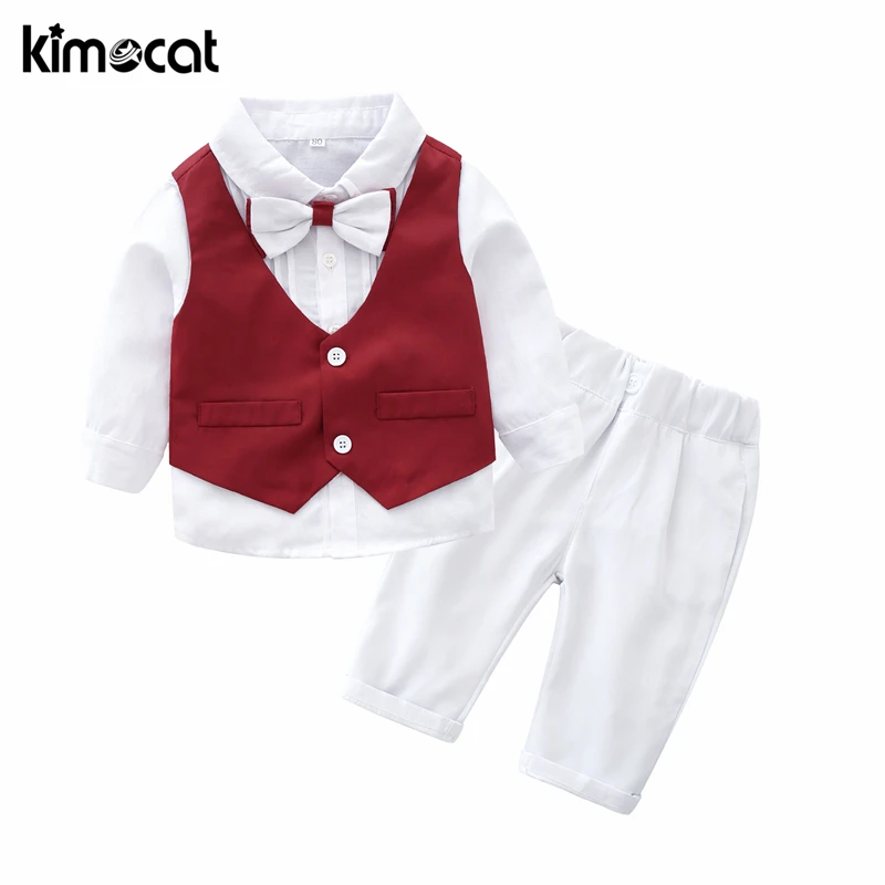 Online Kimocat primavera otoño niños ropa conjunto 3 piezas chaleco + camisa + Pantalones caballero guapo de alta calidad de manga larga chico ropa Infantil