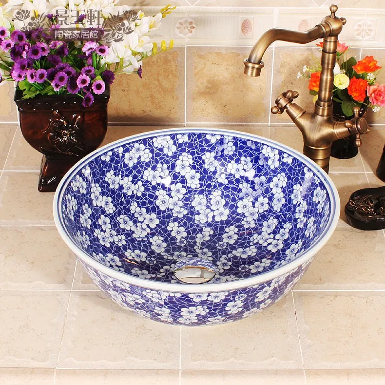 Jingdezhen Ice Plum Blossom Design Ceramic Sink Blue Wash Basin For Hotel And Home Jingdezhen Ice Plum Blossom Design Ceramic Sink Blue Wash Basin For Hotel And Home