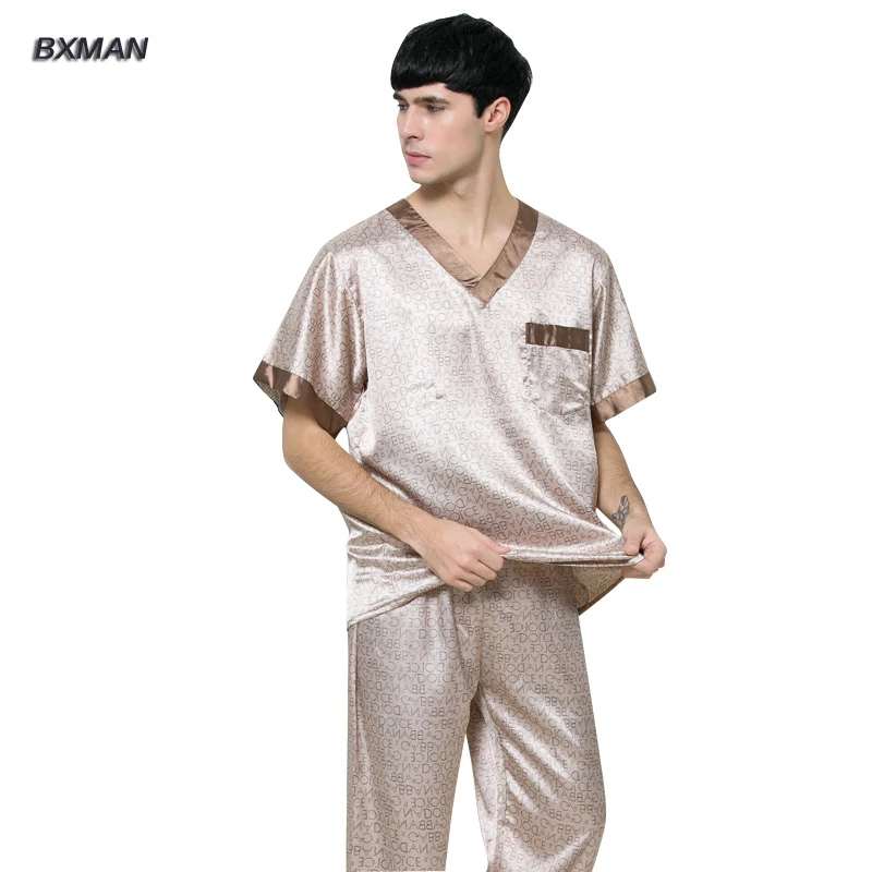 BXMAN Brand Men s Casual Pijamas Hombre Men s Satin Pajamas Rayon Geometric V Neck Men