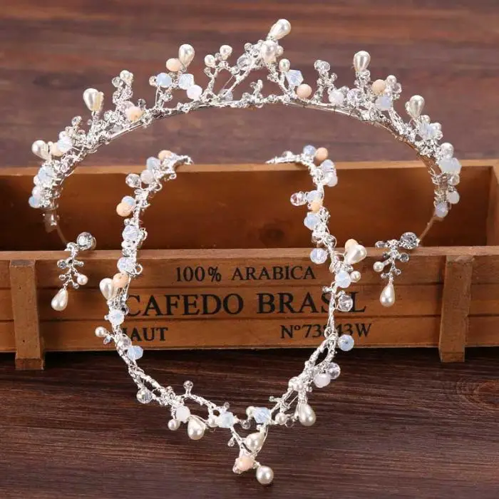 Романтическое многоцветное жемчужное ожерелье с кристаллами в виде листьев невесты, корона, диадемы, свадебный головной убор невесты, украшения для волос, ювелирный набор, BH