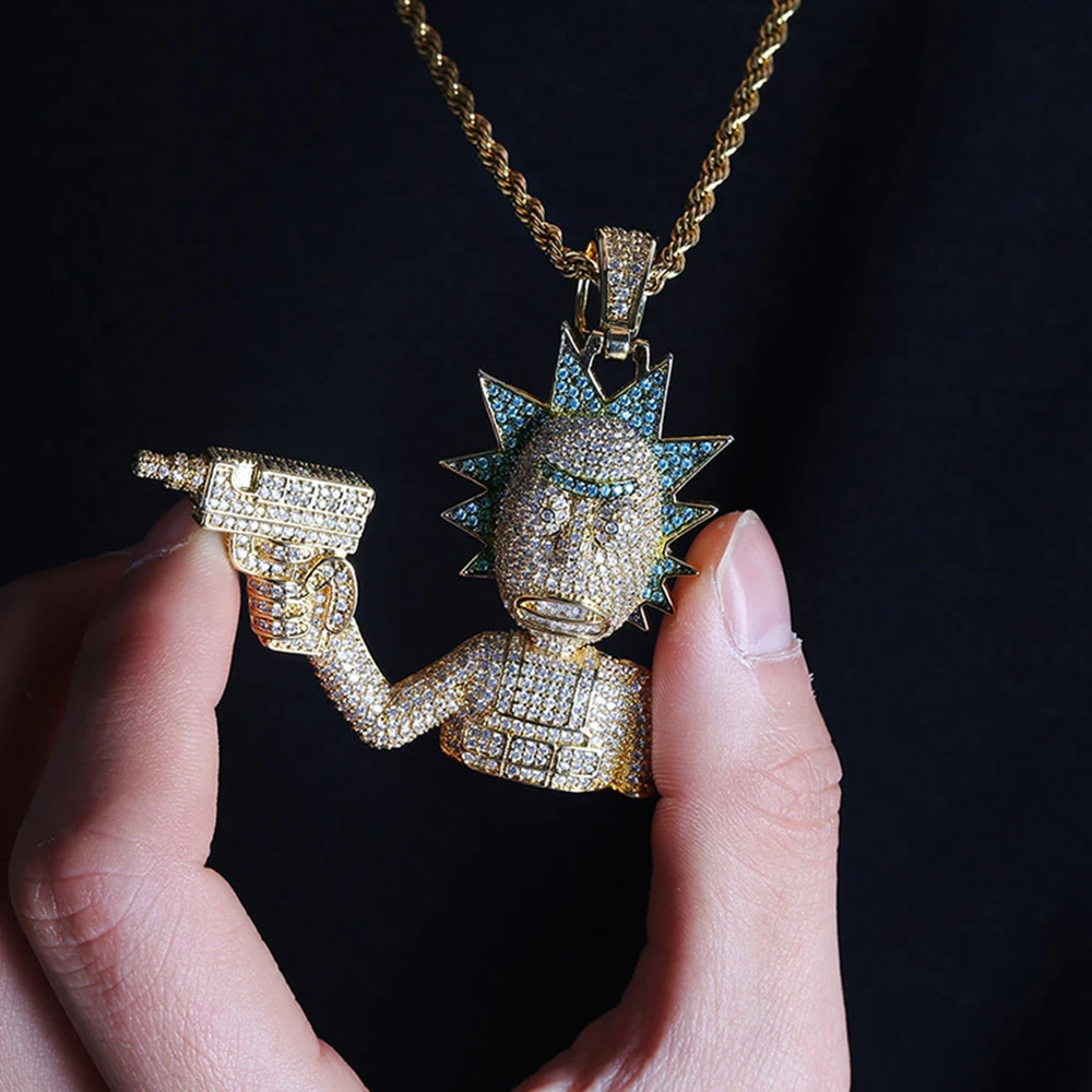 

Iced Out Cartoon Figure Pendant Necklace Mens Gold Silver Color Chain With Twist Chain Personalized Hip Hop Charm Jewelry Gifts