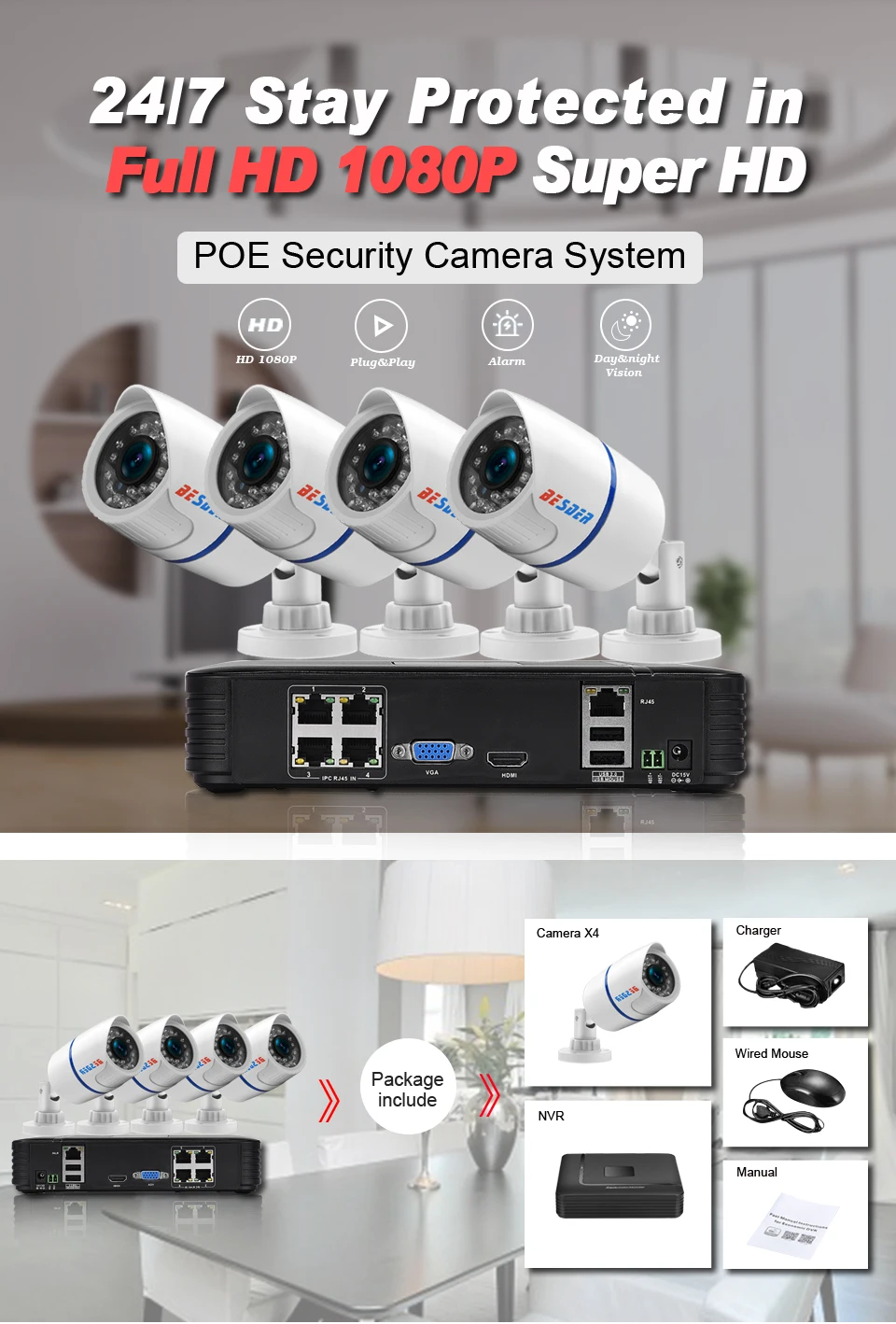 Besder Full HD 1080P CCTV система безопасности 4 шт 1080P Внутренняя/внешняя ip-камера 4CH POE15V NVR CCTV комплект P2P 1080P HDMI/VGA выход