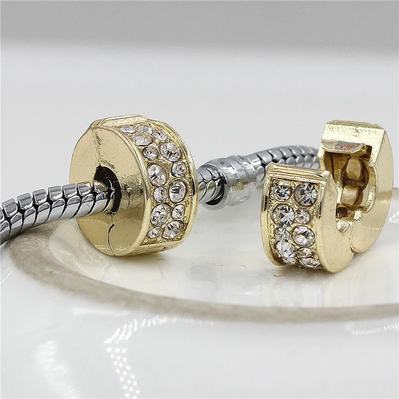 

GO MAX DGW Silver Copper Stopper crystal Clip Lock Round DIY European Spacer Metal Bead Fit For Pandora Bracelet DIY jEWLERY