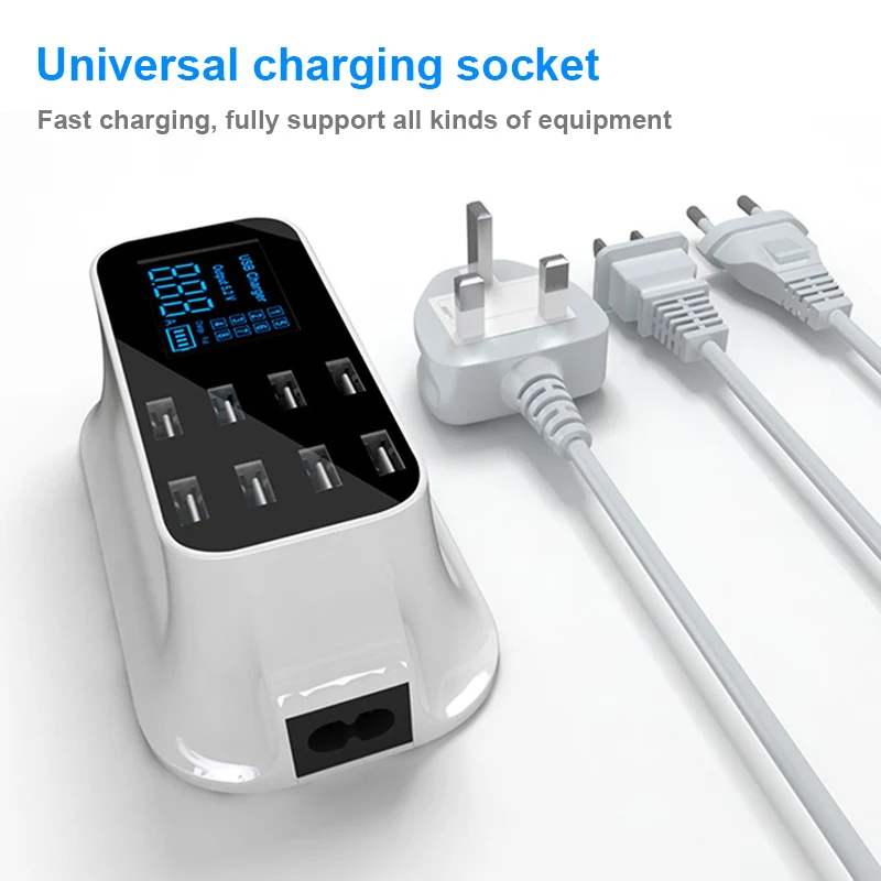 Charging Stations Fast Charger 8 Port USB Hub LCD Screen For Mobile Phone Travel DU55