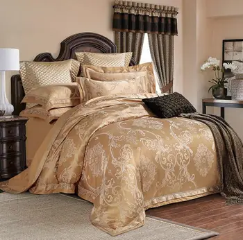 

Jacquard Satin bedding sets king queen size 4/6pcs Golden Silk Cotton duvet cover bed sheet pillowcases home decoration
