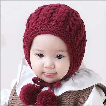 

New winter children's hat pure color baby wool knitted hat lace protectors baby hats Handmade winter warm hand hat