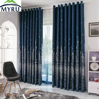 

MYRU Mediterranean navy blue curtains rural silver and gold castle printed blackout curtians for living room