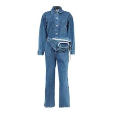 Fall Denim Jumpsuits Women Lapel Long Sleeve High Waist Wide Waistband Women's Romper Safari Style Jumpsuit with Waist Bags