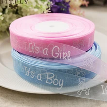 BIT.FLY 15mm 5yard It’s A Boy/Girl Organza Ribbon Cute Pink/blue Hyaline Chiffon Bear Packing Tap Baby Shower DIY decoration