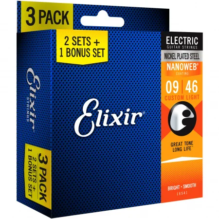 

Elixir 16541 (3 Pack of 12027) Electric Guitar Strings with Nanoweb Coasting, Custom Light, 9-46