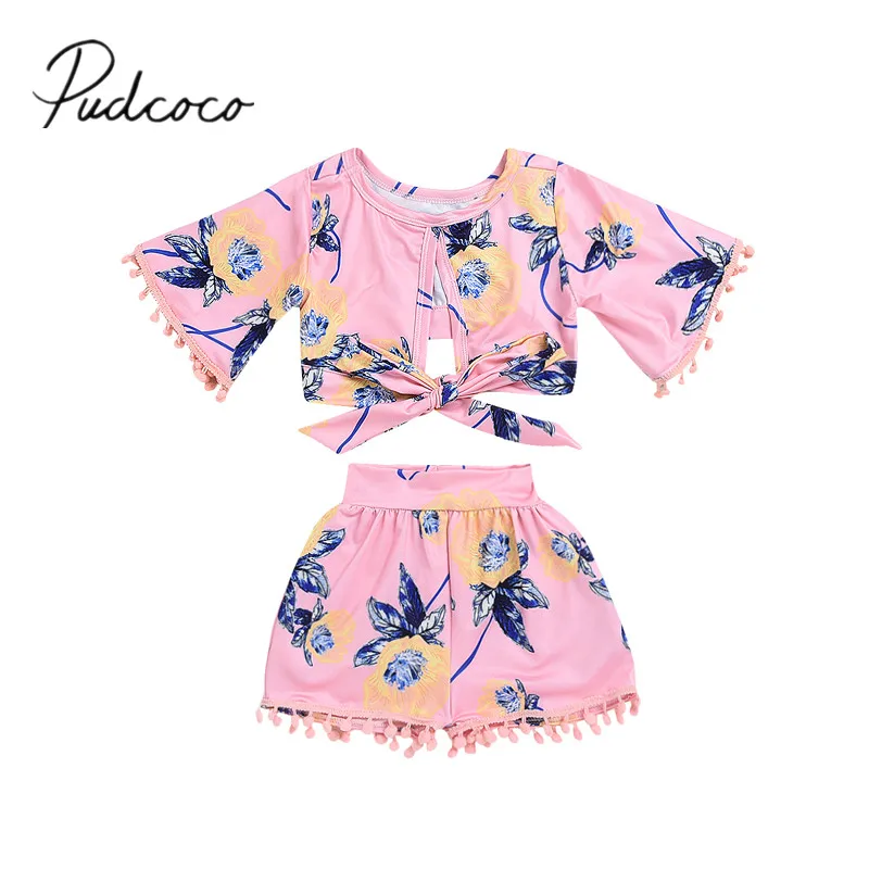 

2018 Brand New Toddler Baby Girls Fashion Summer 2PCS Floral Print Tassel Belt Short Sleeve T-Shirts Tops+Shorts Outfit 6M-5Y