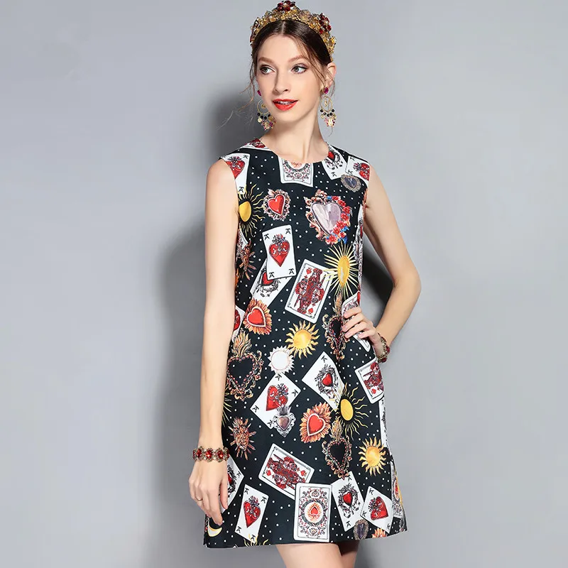 

Customize New Designer Plus Size Runway Summer Dress Women's Sleeveless Tank Poker Print Vintage Mini Short Dress