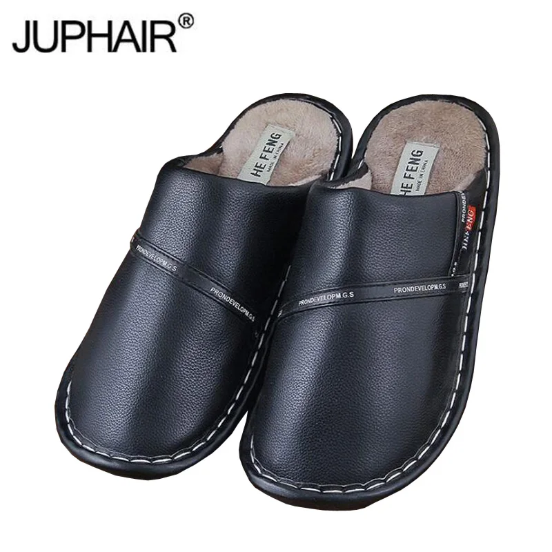 

Autumn Winter Cotton Slippers Men Women Couples Home Indoor Plush Warm Waterproof Non-slip PU Leather Fashion Girl Hair Slippers