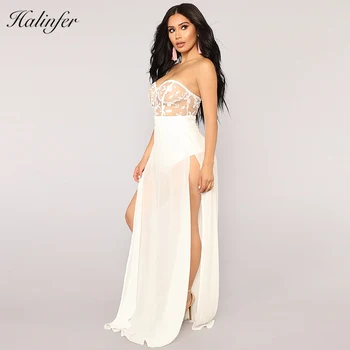 

Halinfer 2018 New summer women dress sexy bodycon strapless appliques mesh bandage dress celebrity party white dresses vestidos
