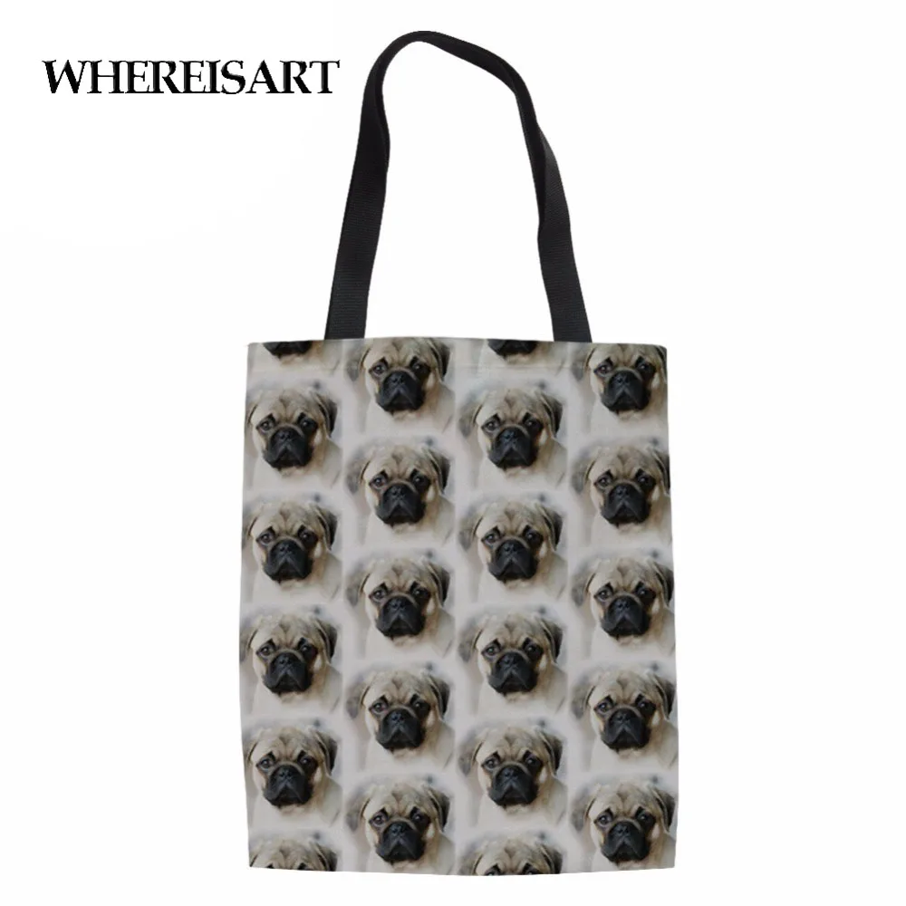WHEREISART каваи мопса печати холст девушки хозяйственная сумка женские сумки сумка Повседневная сумки через плечо многоразовые Экологически чистые