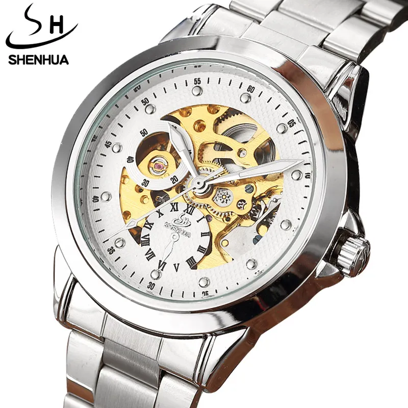 

Luxury Silver Stainless Steel Mens Automatic Mechanical Watches Mens Fashion Hollow Skeleton Self-Wind Top Brand Wristwatches