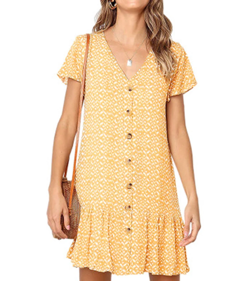 2019 summer women print dress short sleeve loose ruffle ladies short dress casual blue black women party mini dress (17)