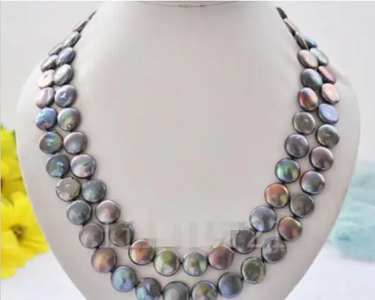 

FREE SHIPPING>>>@@ > Hot sale new Style >>>>>2 Rows 13-14mm peacock black coin freshwater pearl necklace 17-18