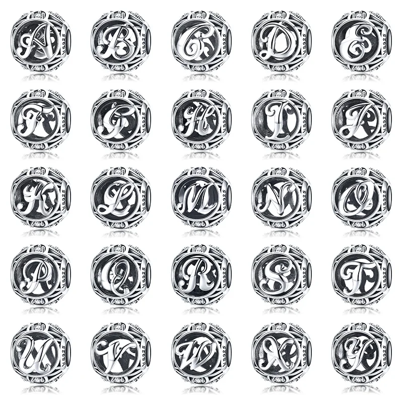 BAMOER Authentic 925 Sterling Silver Vintage A to T, Clear CZ Alphabet Letter Beads Fit Charm Bracelets DIY Jewelry SCC738