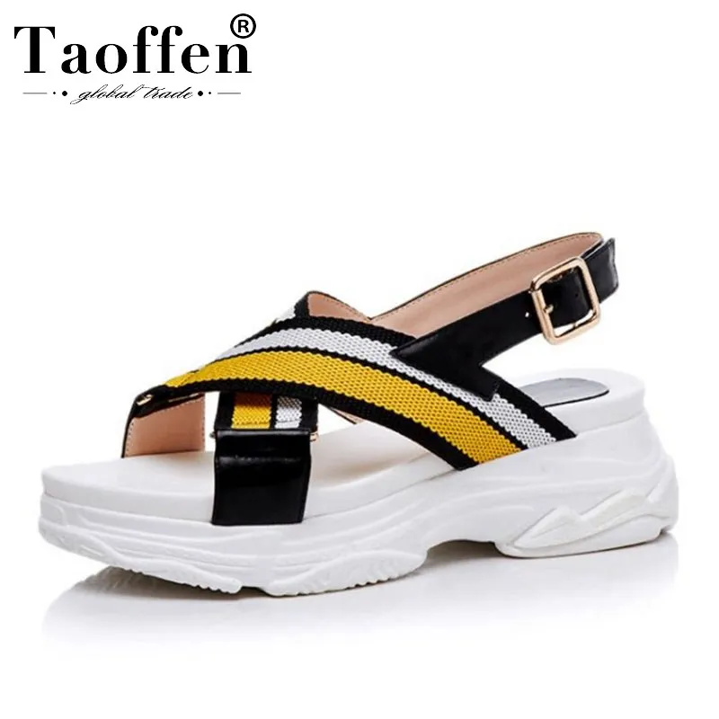 

TAOFFEN Women Fashion Real Leather Daily Sandals Sneakers Thick Bottom Buckle Summer Shoes Women Club Beach Shoes Size 34-39