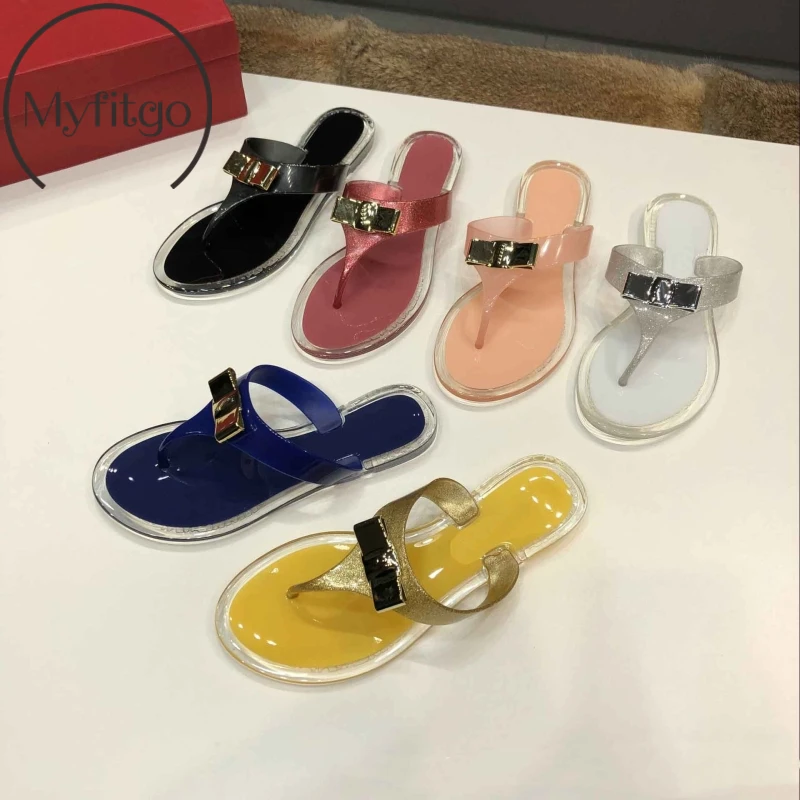 

Myfitgo 2019 Summer Beach Woman Flip Flops Bling PVC Slides Female Sandals Bowknot Slip on Flat with Women Slippers Jelly Shoes
