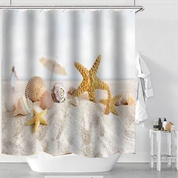 

2019 New Waterproof Shower Curtain Beach Shell Sea Bath Curtains For Bathroom Bathtub Bathing Cover Extra Large 12pcs Hooks
