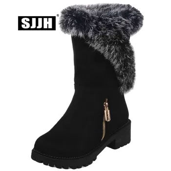 

SJJH Women Flat Snow Boots with Round Toe Fur Slip-on Short Plush Mid-Calf Boots Winter Fashion Casual Shoes Large Size A970