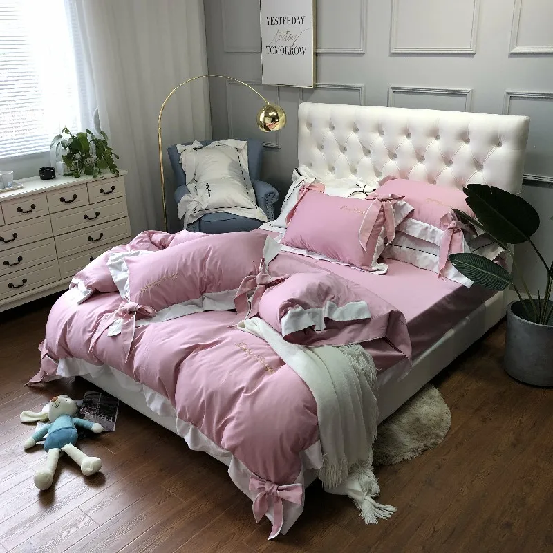 Новый египетский хлопок роскошный комплект постельных принадлежностей бежевый серый розовый лук пододеяльник мягкие простыня-покрывало