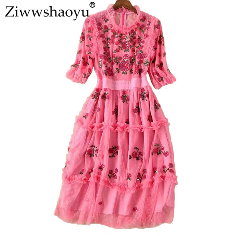 

Ziwwshaoyu Europe Designer Vestido Women's High Quality Gorgeous Sequins Rose Pink Lace Knee Length Robe Femme Ete Party Dress