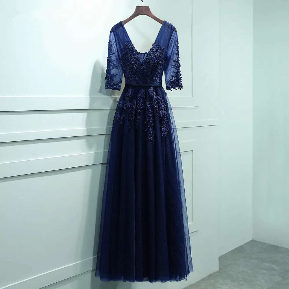 Сексуальное вечернее платье с v-образным вырезом, Robe De Soiree, высокое качество, Серый Тюль, вечерние платья с аппликацией, настоящая фотография, vestido de festa - Цвет: navy blue half sleev