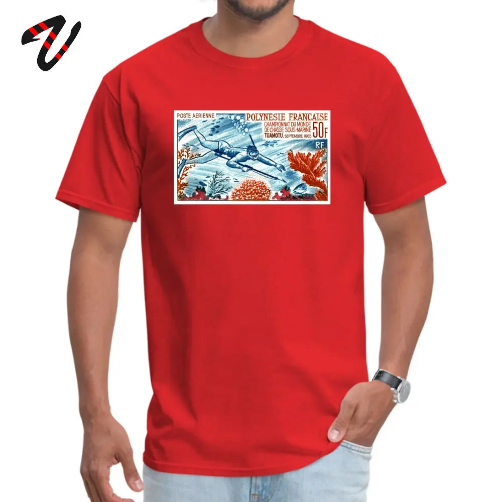 Europe Round Neck Tshirts Autumn Tops Tees Short Sleeve Newest 100% Cotton Summer Tees Casual Men's Free Shipping 1965 French Polynesia Spearfishing Postage Sta red