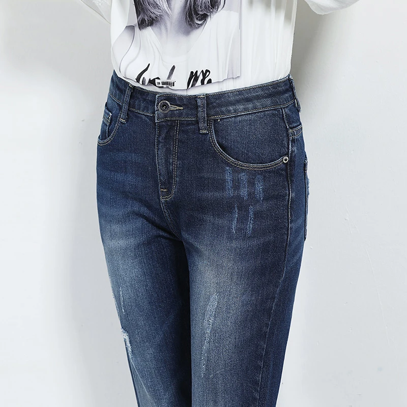 Женские прямые джинсы стрейч LEIJIJEANS рваные синие повседневные полной длины со