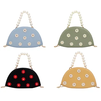 

Personality Fun Semi-Circular Flower Leather Ladies Handbag Pearl Chain Handbag Lady Shoulder Bag Pu Ladies Pillow Handbag tote