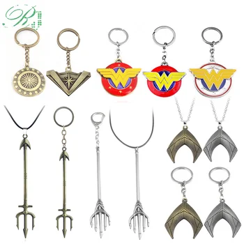 

RJ 20Pcs Justice League Keychains Aquaman Arthur Trident Keyring Diana Mera Wonder Woman Thor Batman Choker Film Jewelry Gift
