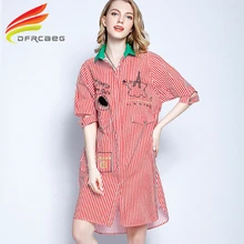 3XL 4XL Красный Полосатый Вышивка плюс Размеры платье-рубашка Для женщин 2018 Лето Повседневное свободные платья короткий рукав Vestidos Костюмы