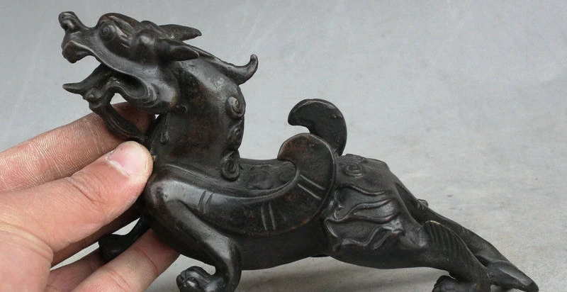 

7" Chinese FengShui Bronze Evil Dragon Kylin Wing kirin Unicorn Beast Statue