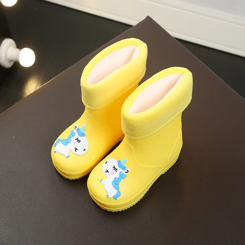 New Kids Rain Boots For Girls Rubber Rainboot Boys Baby Girl PVC Warm Children Waterproof Shoes Modis Cartoon Unicorn Removable